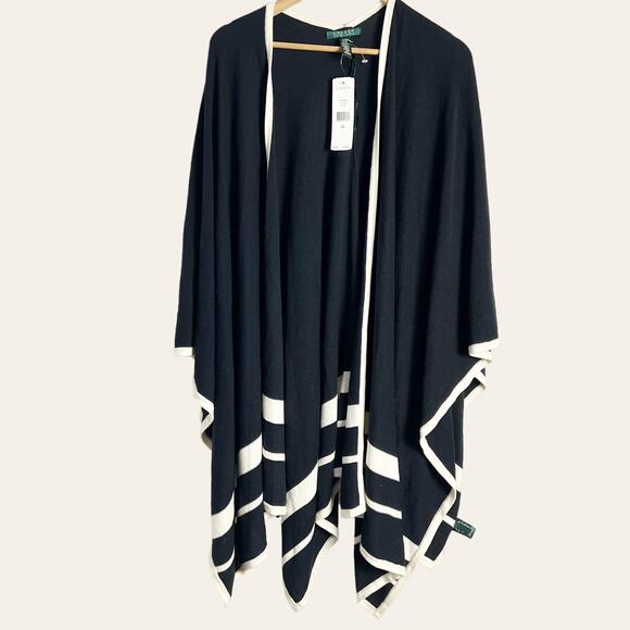 Lauren Ralph Lauren Black White Striped Wool Cardigan Cape Shawl Ruana Size M - Picture 1 of 5